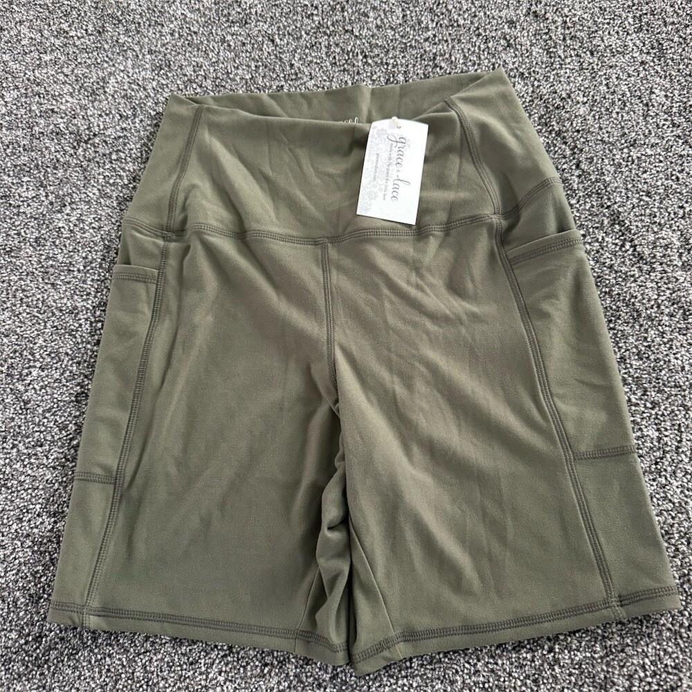 Grace & Lace Biker Shorts Womens Size M Olive Green High Rise Pockets